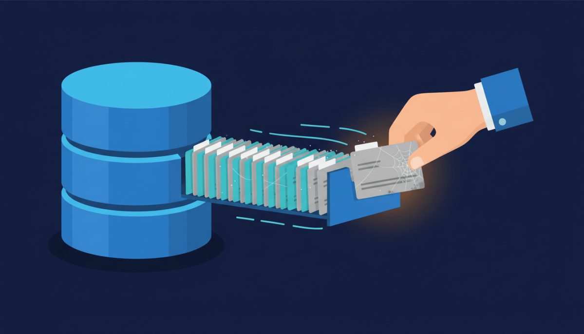 Illustration of a database cylinder with a row of index cards, several faded and dusty, one being carefully pulled out